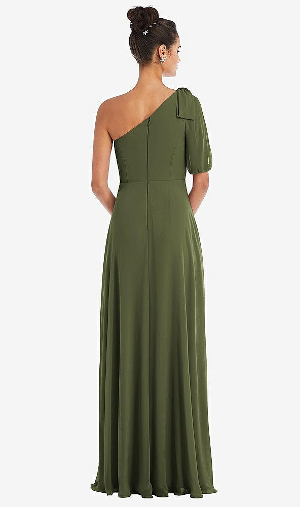 Back View - Olive Green Bow One-Shoulder Flounce Sleeve Maxi Dress