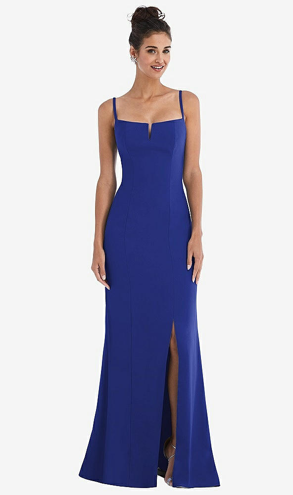 Front View - Cobalt Blue Notch Crepe Trumpet Gown with Front Slit