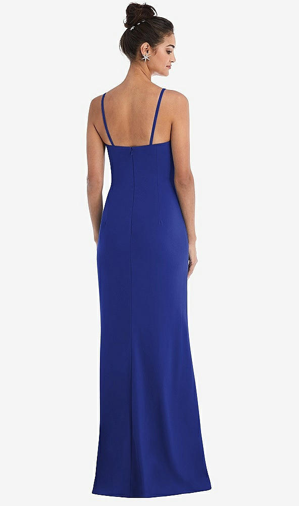 Back View - Cobalt Blue Notch Crepe Trumpet Gown with Front Slit