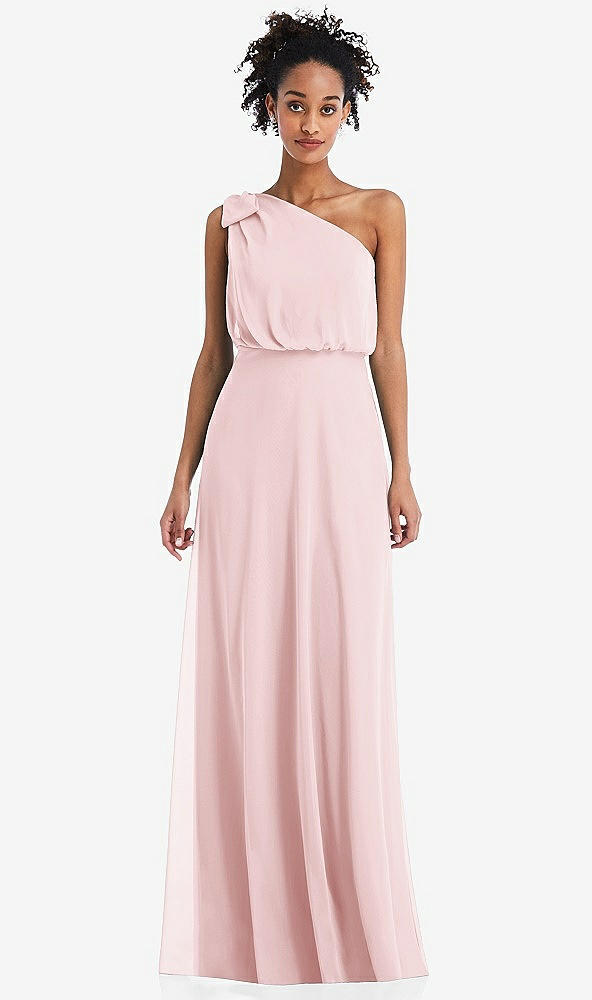 Front View - Ballet Pink One-Shoulder Bow Blouson Bodice Maxi Dress