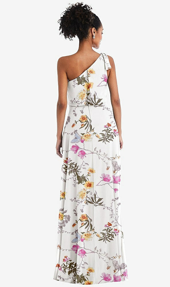 Back View - Butterfly Botanica Ivory One-Shoulder Bow Blouson Bodice Maxi Dress