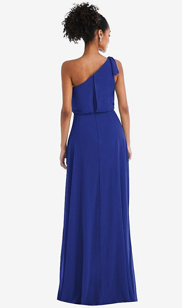 Back View - Cobalt Blue One-Shoulder Bow Blouson Bodice Maxi Dress