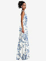Side View Thumbnail - Cottage Rose Dusk Blue One-Shoulder Bow Blouson Bodice Maxi Dress