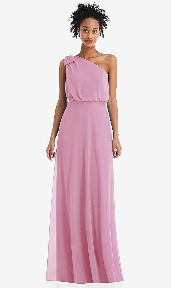 Front View - Powder Pink One-Shoulder Bow Blouson Bodice Maxi Dress