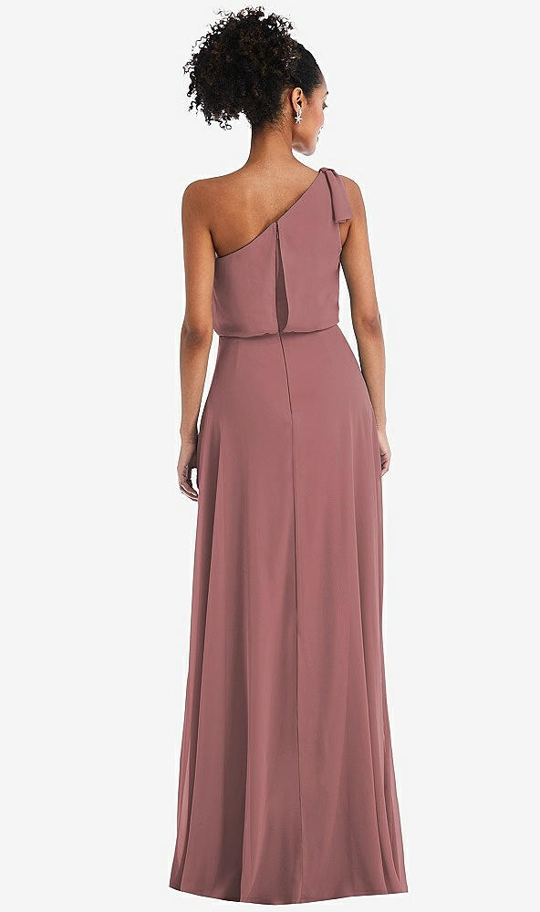 Back View - Rosewood One-Shoulder Bow Blouson Bodice Maxi Dress