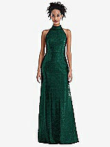 Front View Thumbnail - Hunter Green Stand Collar Halter Sequin Trumpet Gown