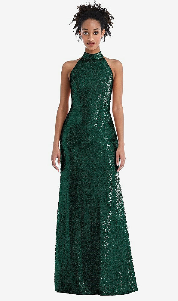 Front View - Hunter Green Stand Collar Halter Sequin Trumpet Gown