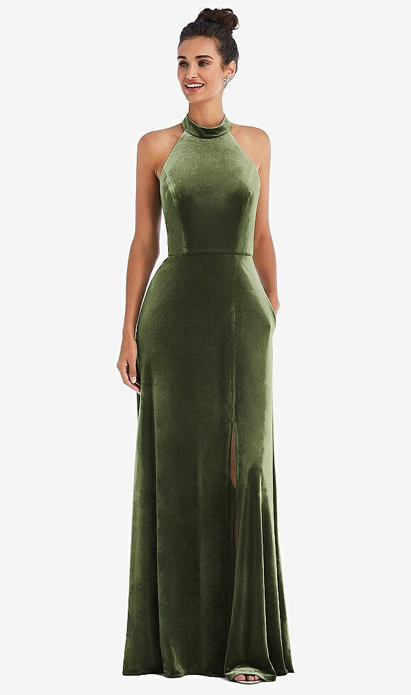 Front View - Olive Green High-Neck Halter Velvet Maxi Dress with Front Slit
