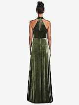 Rear View Thumbnail - Olive Green High-Neck Halter Velvet Maxi Dress with Front Slit