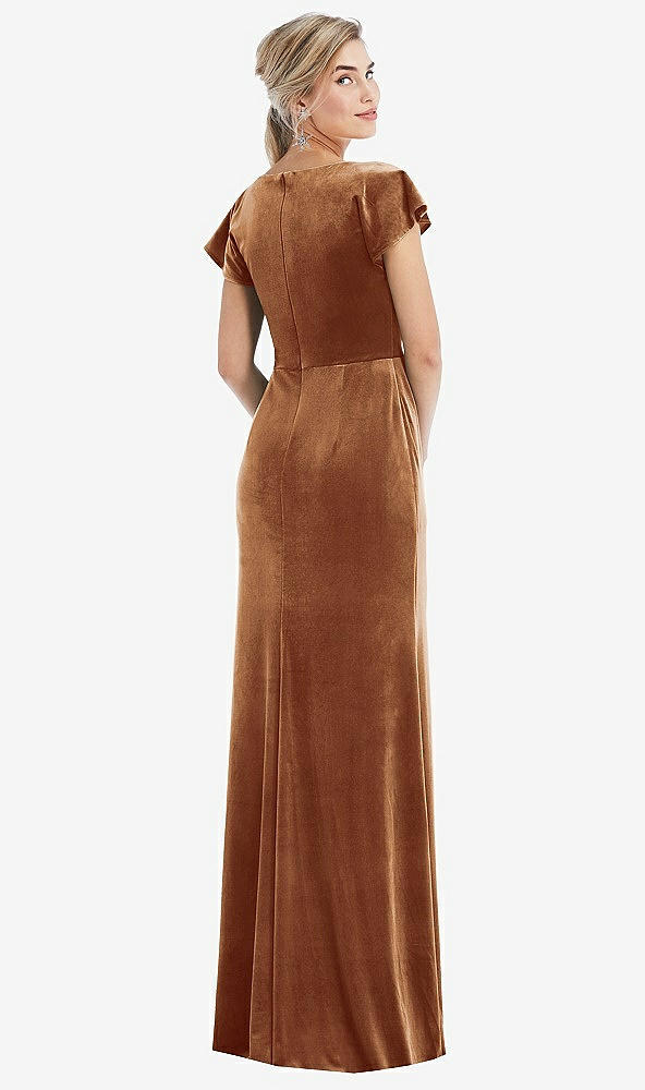 Back View - Golden Almond Flutter Sleeve Wrap Bodice Velvet Maxi Dress with Pockets