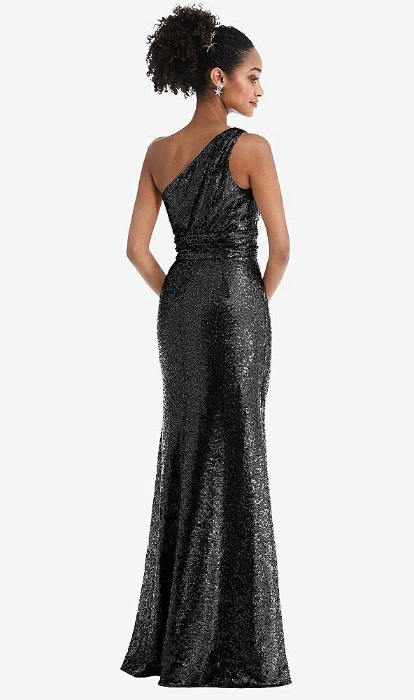 Back View - Black One-Shoulder Draped Sequin Maxi Dress