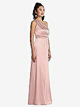 Side View Thumbnail - Rose - PANTONE Rose Quartz One-Shoulder Draped Satin Maxi Dress