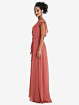 Side View Thumbnail - Coral Pink Ruffle-Trimmed V-Back Chiffon Maxi Dress