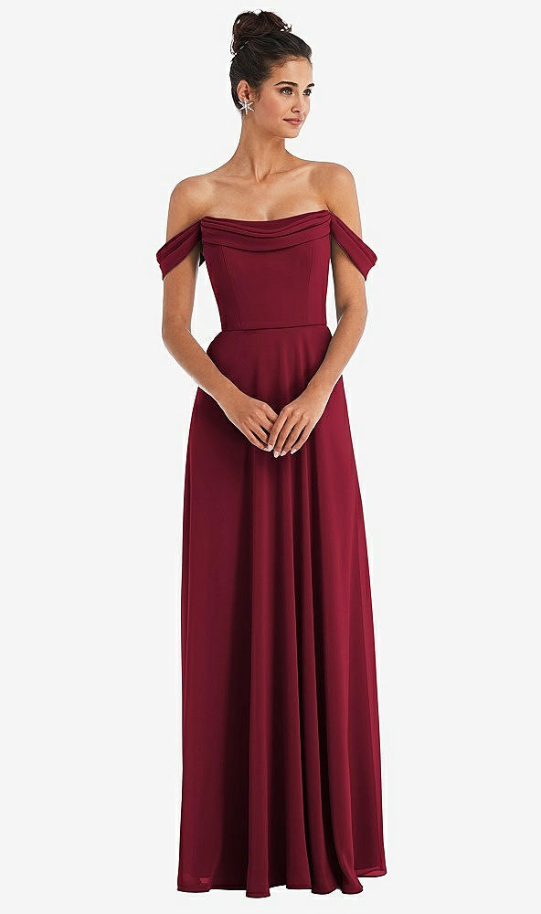 Front View - Burgundy Off-the-Shoulder Draped Neckline Maxi Dress