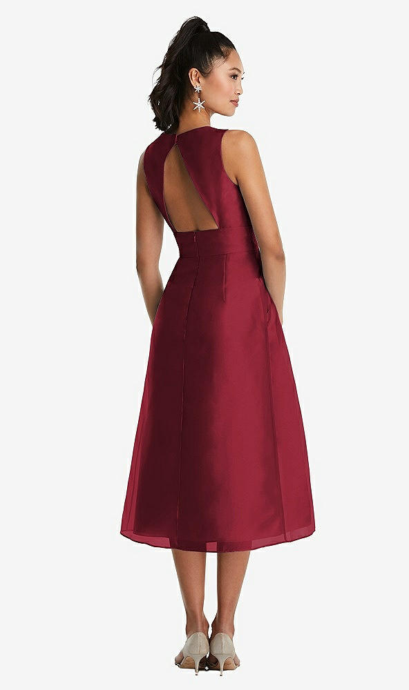 Back View - Claret Bateau Neck Open-Back Pleated Skirt Midi Dress