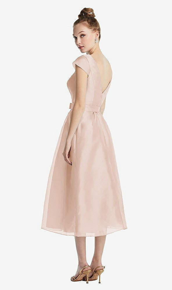 Back View - Cameo Cap Sleeve Pleated Skirt Midi Dress with Bowed Waist