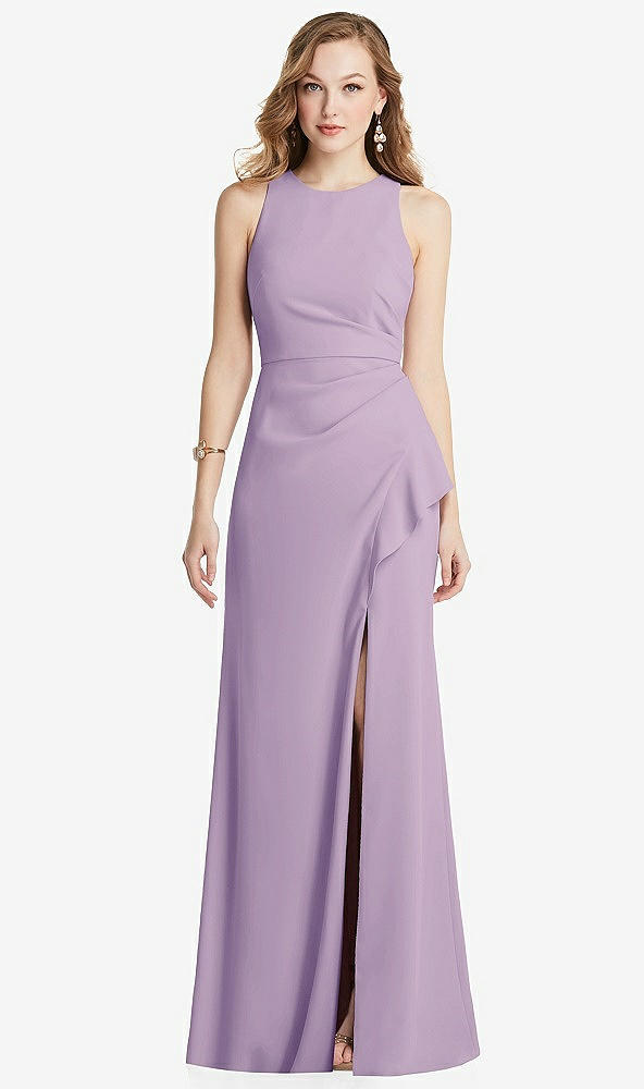 Front View - Pale Purple Halter Maxi Dress with Cascade Ruffle Slit