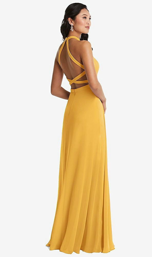 Front View - NYC Yellow Stand Collar Halter Maxi Dress with Criss Cross Open-Back
