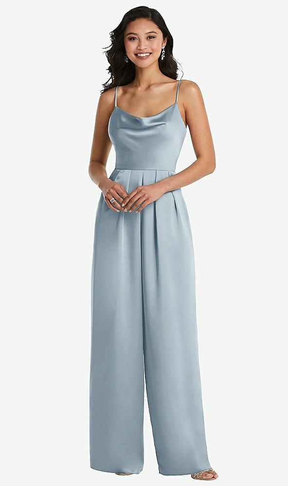 Front View - Mist Cowl-Neck Spaghetti Strap Maxi Jumpsuit with Pockets