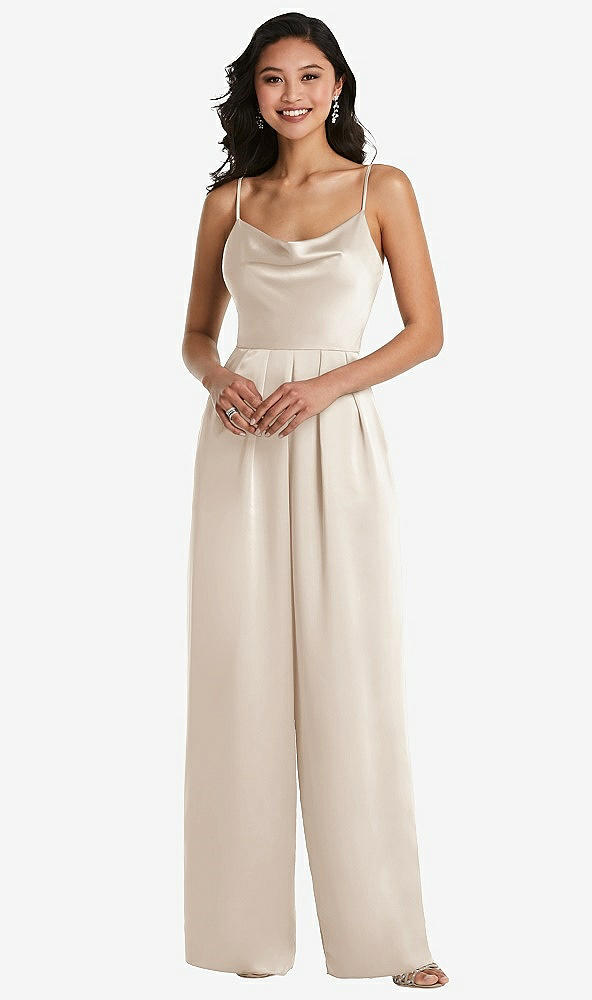 Front View - Oat Cowl-Neck Spaghetti Strap Maxi Jumpsuit with Pockets