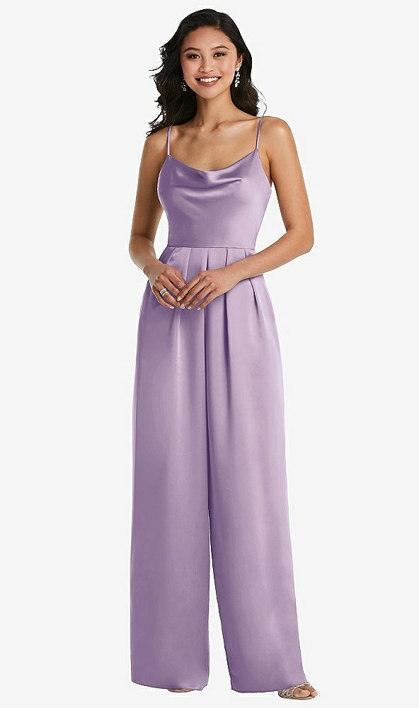 Front View - Pale Purple Cowl-Neck Spaghetti Strap Maxi Jumpsuit with Pockets
