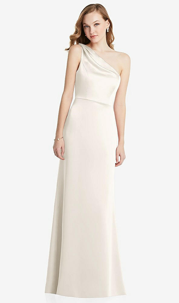 Front View - Ivory Shirred One-Shoulder Satin Trumpet Dress - Maddie