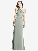 Front View Thumbnail - Willow Green Shirred One-Shoulder Satin Trumpet Dress - Maddie