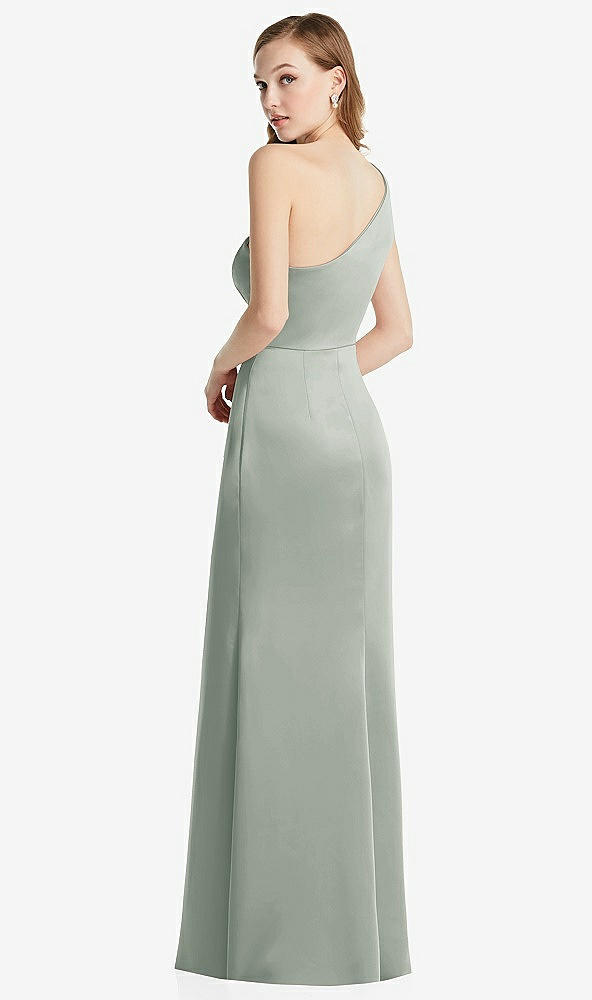 Back View - Willow Green Shirred One-Shoulder Satin Trumpet Dress - Maddie