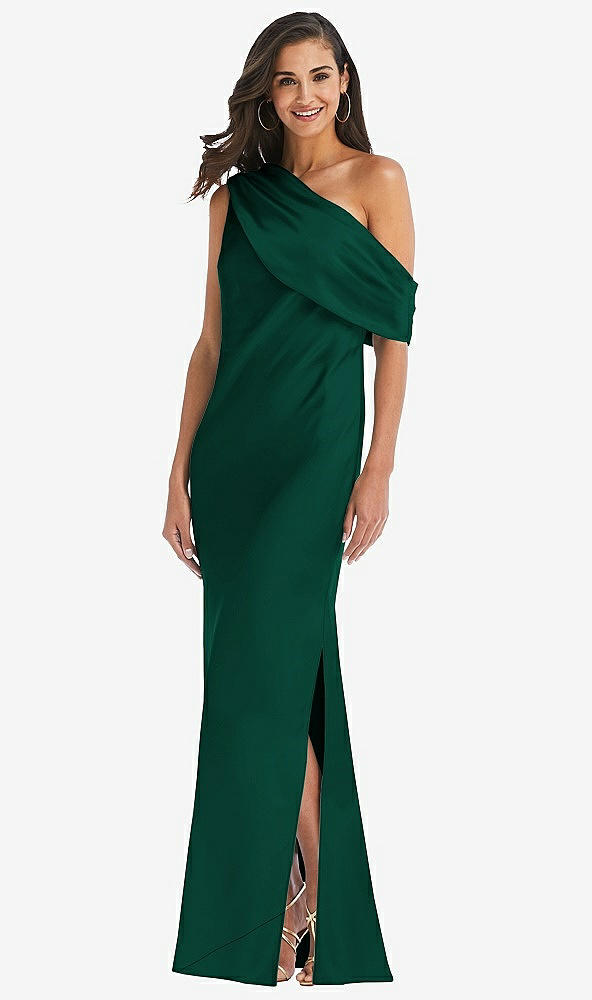 Front View - Hunter Green Draped One-Shoulder Convertible Maxi Slip Dress