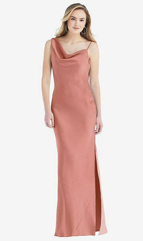 Front View - Desert Rose Asymmetrical One-Shoulder Cowl Maxi Slip Dress