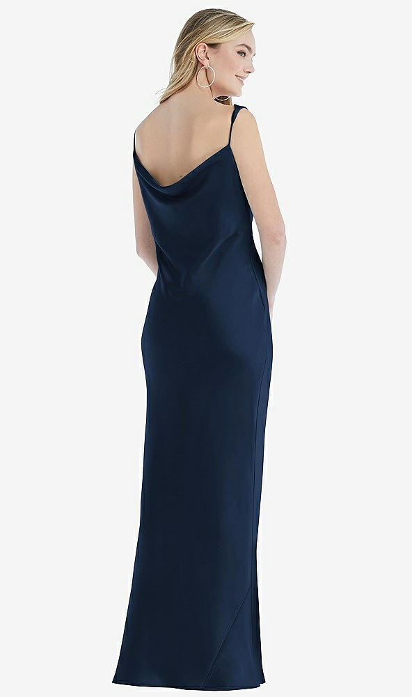 Back View - Midnight Navy Asymmetrical One-Shoulder Cowl Maxi Slip Dress