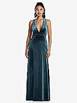 Front View Thumbnail - Dutch Blue Plunging Neckline Velvet Maxi Dress with Criss Cross Open-Back