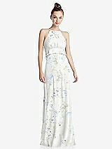 Front View Thumbnail - Bleu Garden Bias Ruffle Empire Waist Halter Maxi Dress with Adjustable Straps