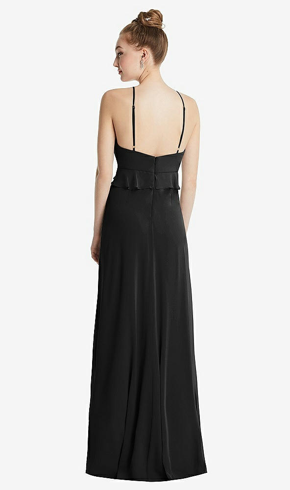 Back View - Black Bias Ruffle Empire Waist Halter Maxi Dress with Adjustable Straps