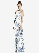 Side View Thumbnail - Cottage Rose Dusk Blue Bias Ruffle Empire Waist Halter Maxi Dress with Adjustable Straps