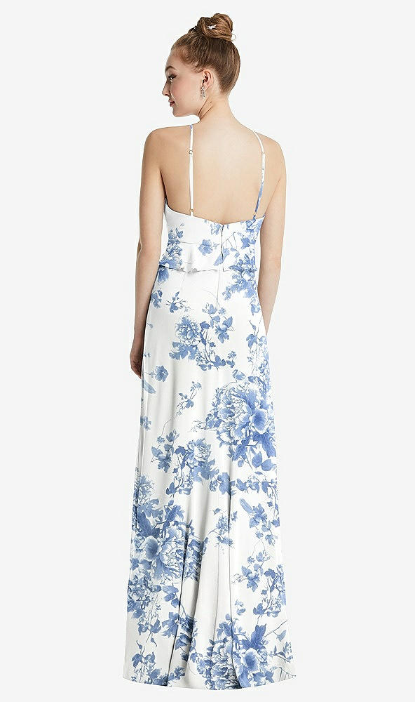 Back View - Cottage Rose Dusk Blue Bias Ruffle Empire Waist Halter Maxi Dress with Adjustable Straps