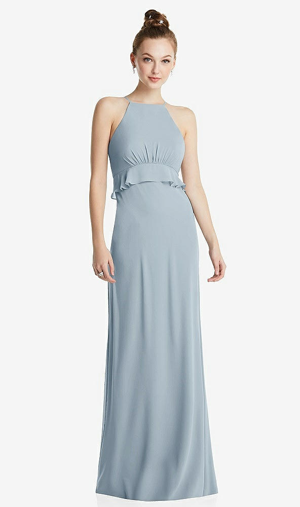 Front View - Mist Bias Ruffle Empire Waist Halter Maxi Dress with Adjustable Straps