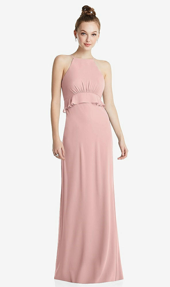 Front View - Rose - PANTONE Rose Quartz Bias Ruffle Empire Waist Halter Maxi Dress with Adjustable Straps