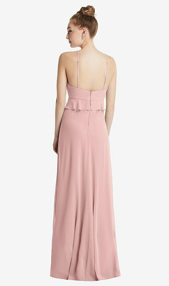 Back View - Rose - PANTONE Rose Quartz Bias Ruffle Empire Waist Halter Maxi Dress with Adjustable Straps