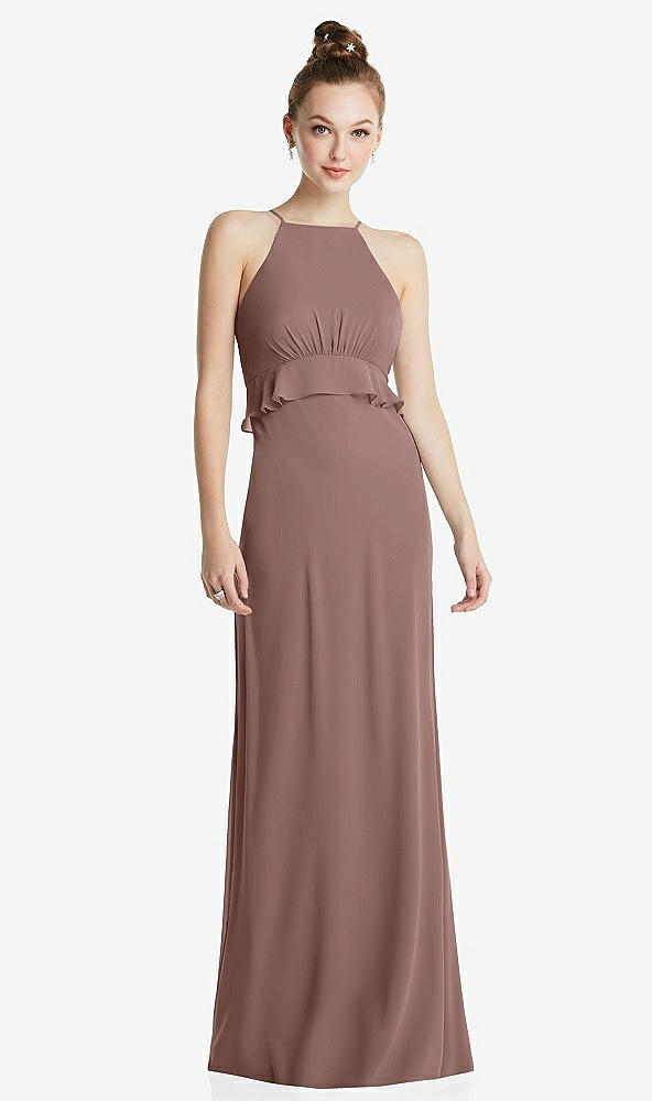 Front View - Sienna Bias Ruffle Empire Waist Halter Maxi Dress with Adjustable Straps