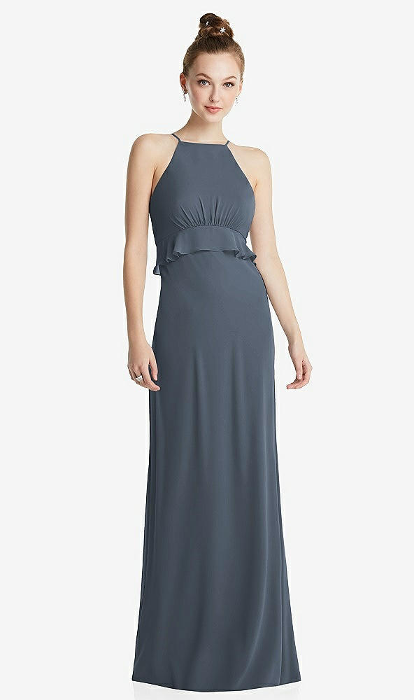 Front View - Silverstone Bias Ruffle Empire Waist Halter Maxi Dress with Adjustable Straps