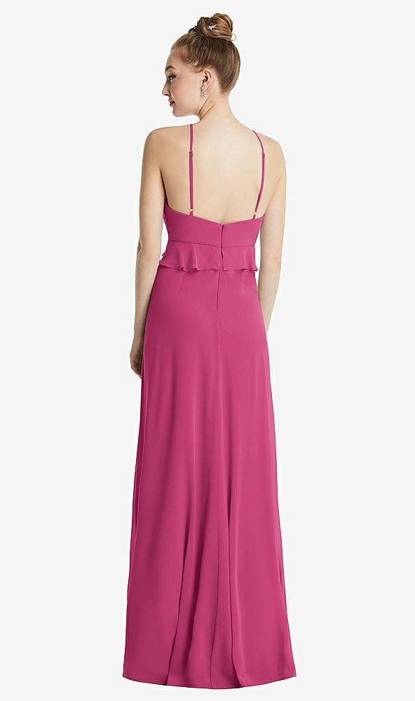 Back View - Tea Rose Bias Ruffle Empire Waist Halter Maxi Dress with Adjustable Straps