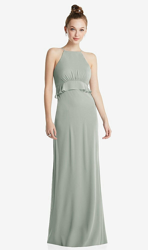 Front View - Willow Green Bias Ruffle Empire Waist Halter Maxi Dress with Adjustable Straps