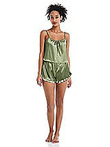 Front View Thumbnail - Kiwi Satin Ruffle-Trimmed Lounge Shorts with Pockets - Cali