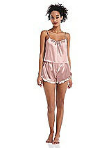 Front View Thumbnail - Rose - PANTONE Rose Quartz Satin Ruffle-Trimmed Lounge Shorts with Pockets - Cali