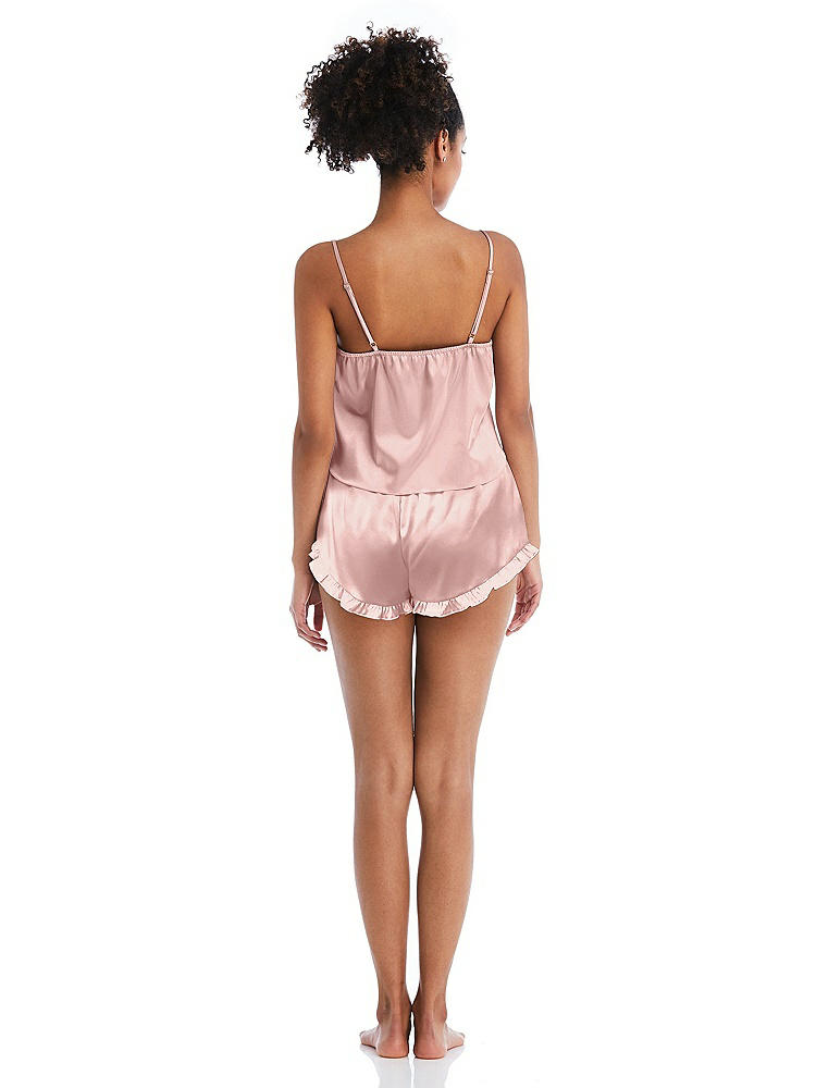 Back View - Rose - PANTONE Rose Quartz Satin Ruffle-Trimmed Lounge Shorts with Pockets - Cali