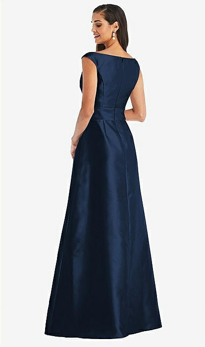 Off-the-shoulder Draped Wrap Satin Maxi Bridesmaid Dress In Midnight Navy &  Midnight Navy | The Dessy Group