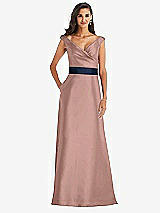 Front View Thumbnail - Neu Nude & Midnight Navy Off-the-Shoulder Draped Wrap Satin Maxi Dress