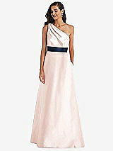 Alt View 1 Thumbnail - Blush & Midnight Navy Draped One-Shoulder Satin Maxi Dress with Pockets