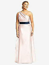 Front View Thumbnail - Blush & Midnight Navy Draped One-Shoulder Satin Maxi Dress with Pockets